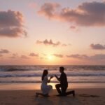 romantic beach proposal at sunset with couple silhouette