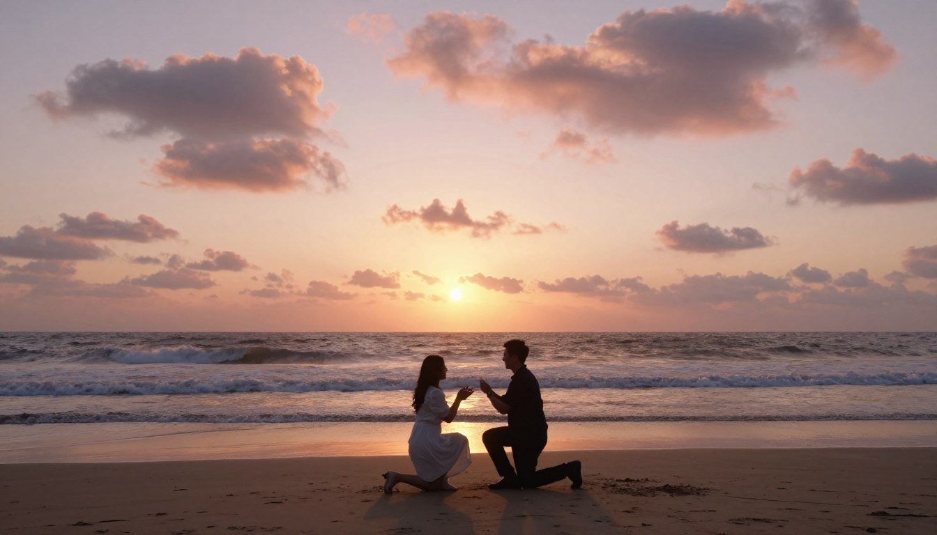 romantic beach proposal at sunset with couple silhouette