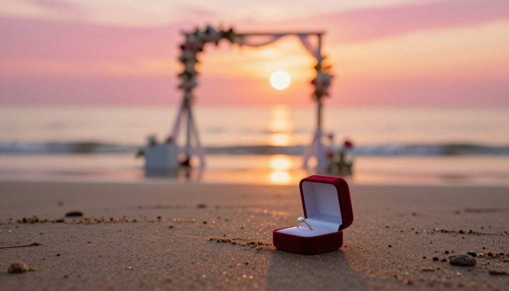 romantic beach proposal at sunset with engagement ring box open on sandy shore romantic beach proposal at sunset with engagement ring box open on sandy shore