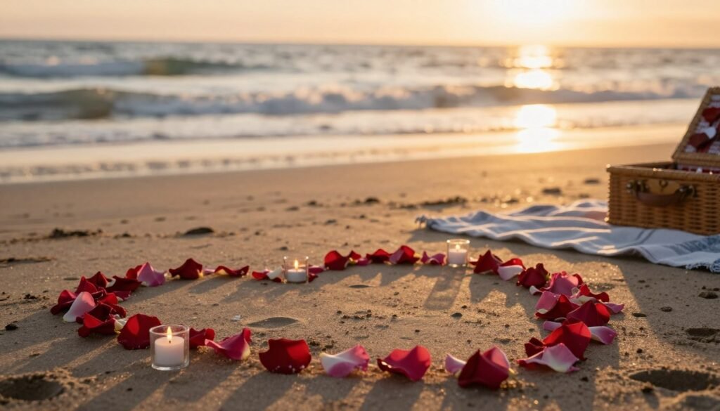romantic beach proposal setup at sunset with candles
