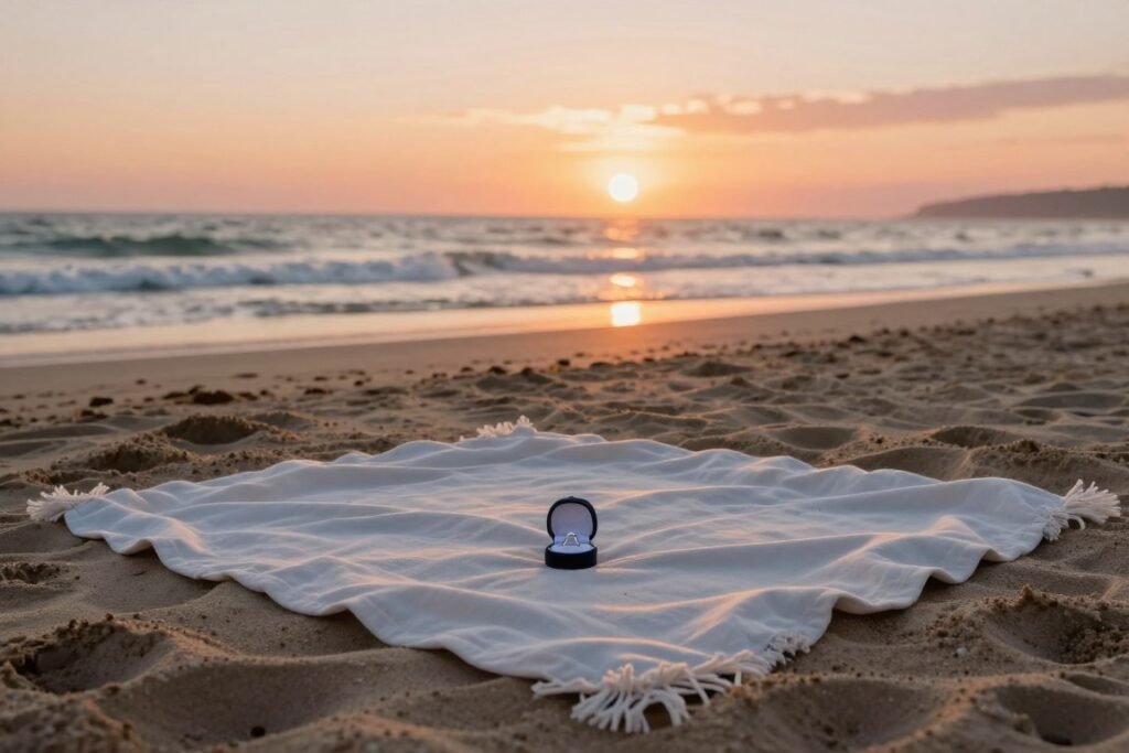 romantic beach proposal setup at sunset with simple blanket