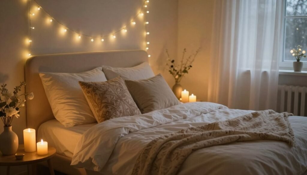 romantic bedroom with candles and soft lighting