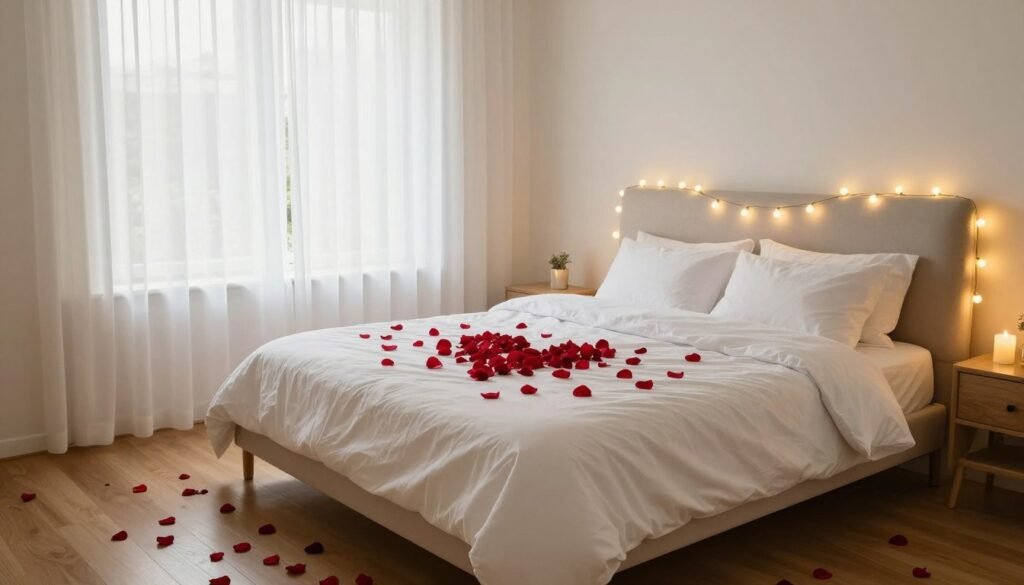 romantic bedroom with rose petals and candles