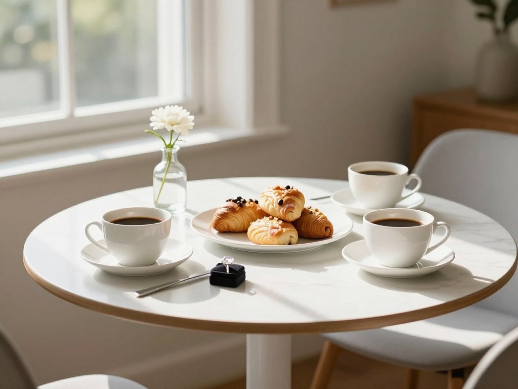 romantic breakfast table setting with coffee and flowers