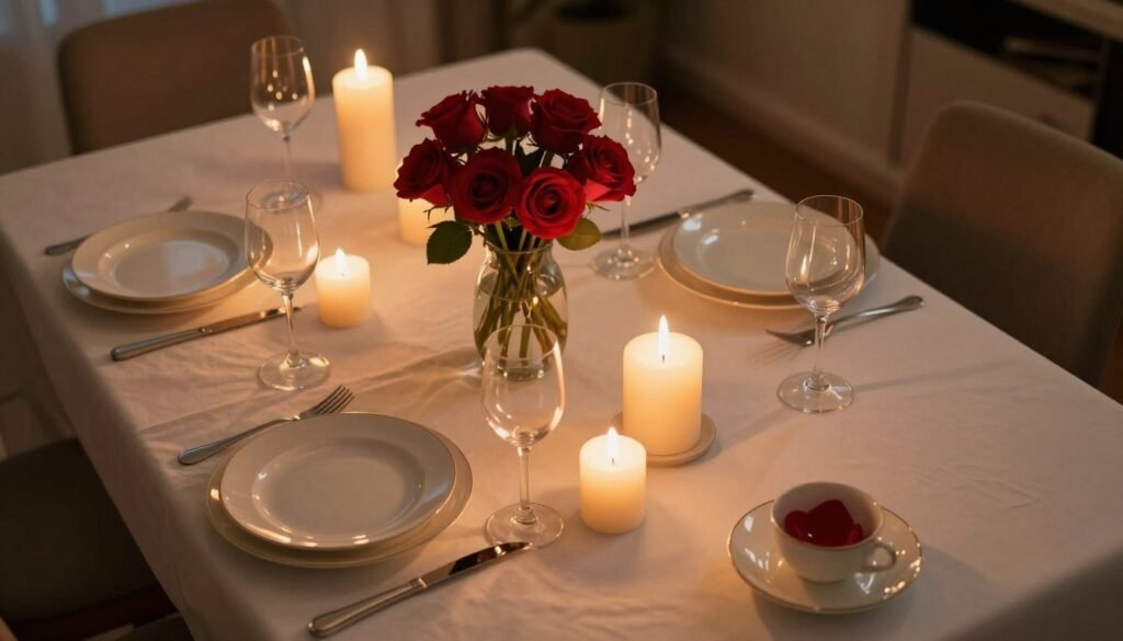 romantic candlelit dinner table setting at home