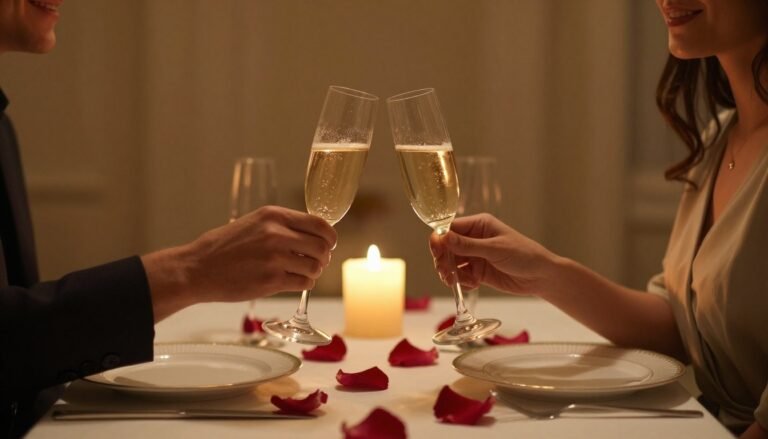 romantic couple celebrating anniversary with candles and champagne