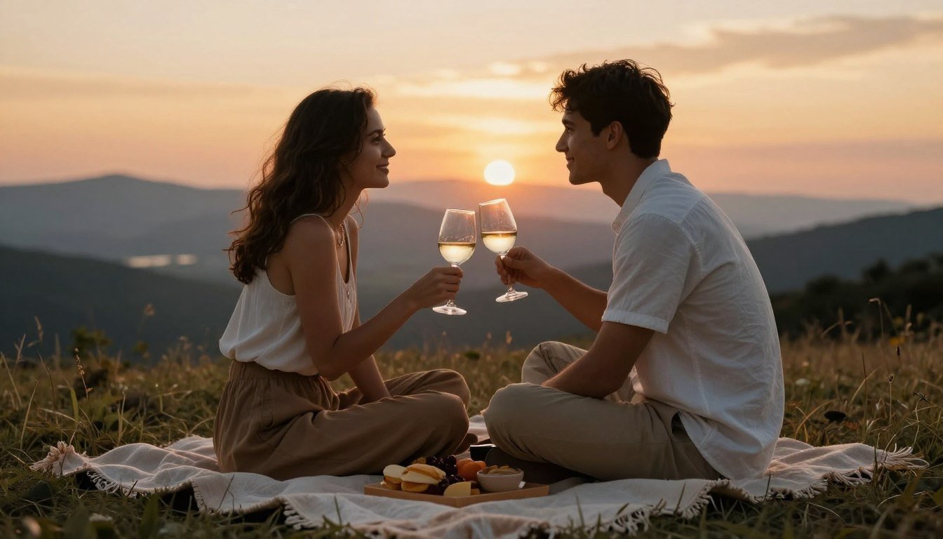 romantic couple enjoying outdoor date ideas for couples at sunset