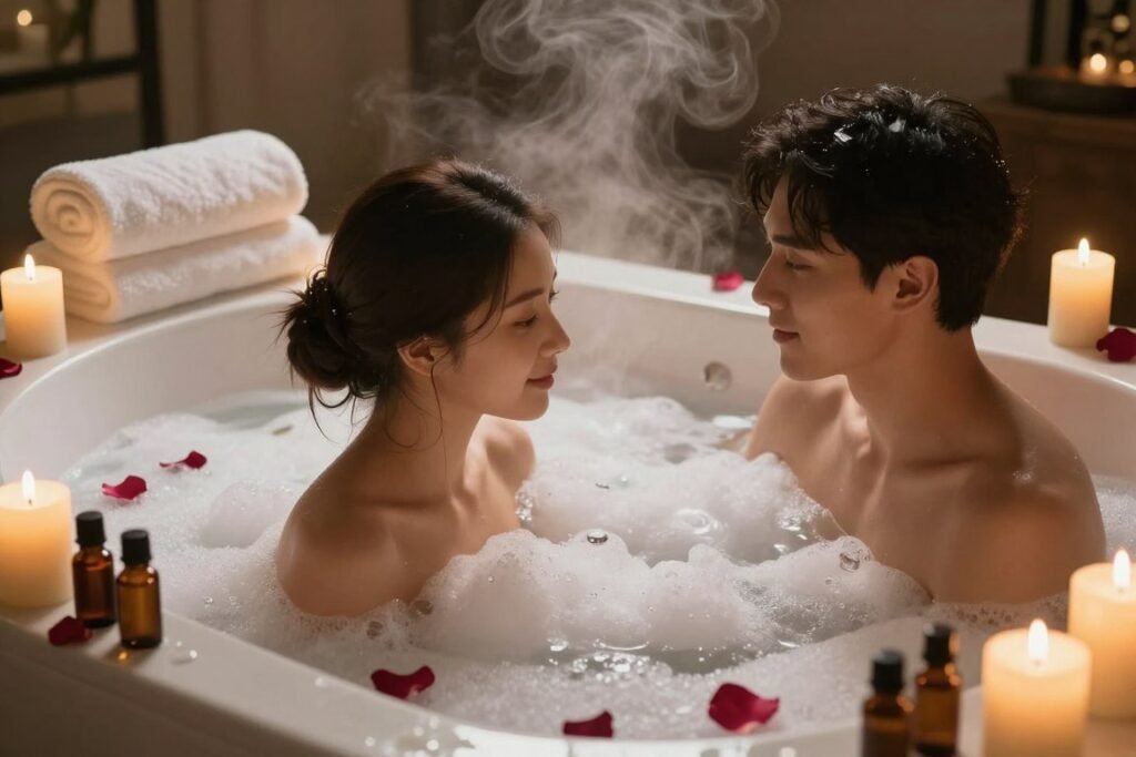 romantic couple spa setup with candles and relaxing atmosphere