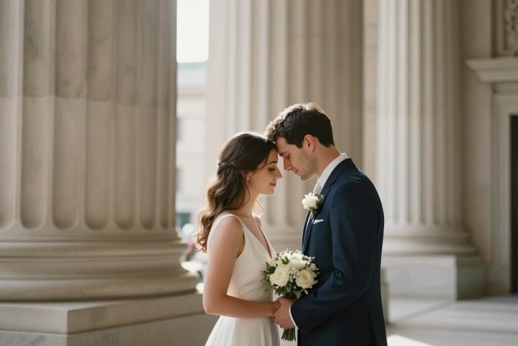 romantic courthouse wedding pose ideas with couple's forehead touch