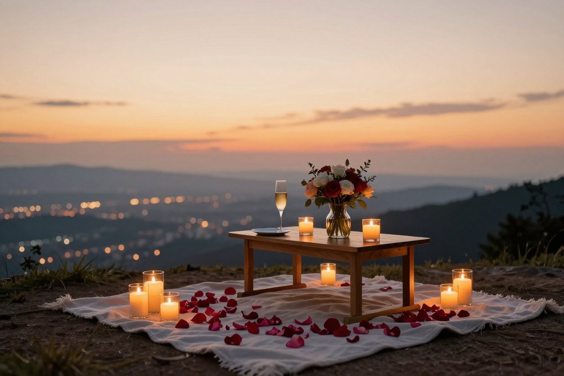 romantic engagement proposal setup with flowers and candles at sunset