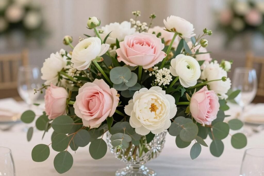romantic floral centerpiece with garden roses and greenery romantic floral centerpiece with garden roses and greenery