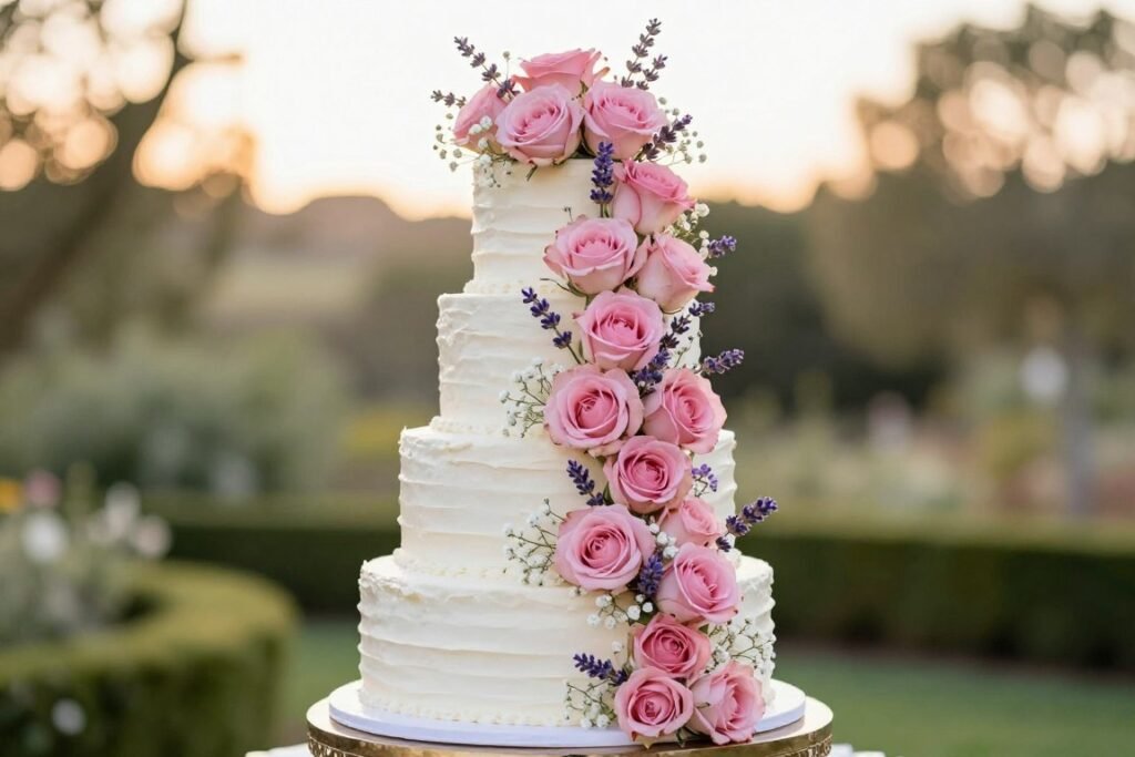 romantic garden wedding cake with cascading fresh flowers