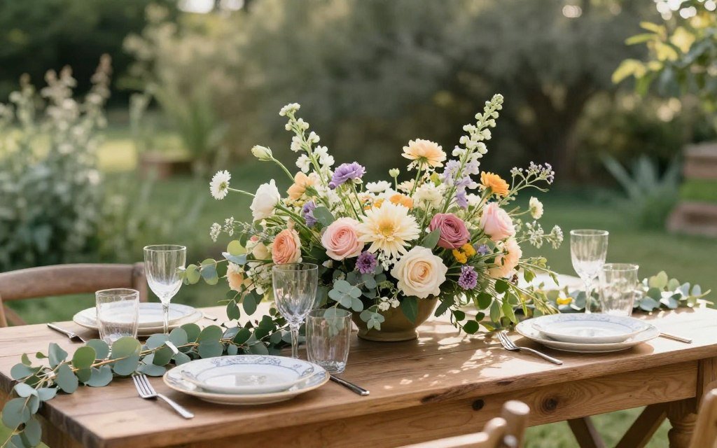 romantic garden wedding table decoration with wildflowers and greenery