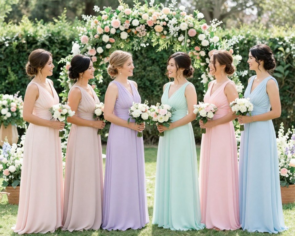 romantic garden wedding with bridesmaids in pastel pink lavender and mint green dresses