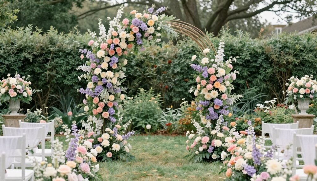 romantic garden wedding with soft pastel color palette and lush florals