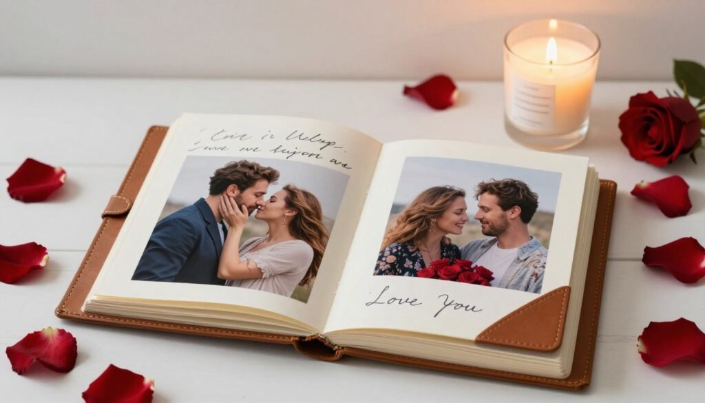romantic gift setup with candles, photo album, and love letters