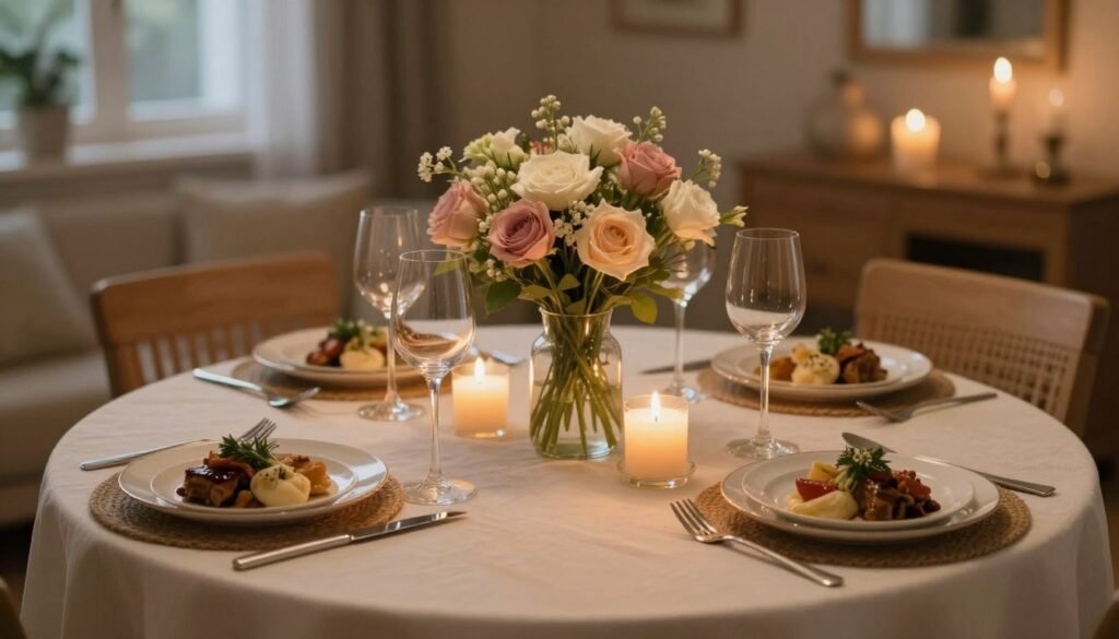 romantic home dinner proposal with candles and flowers