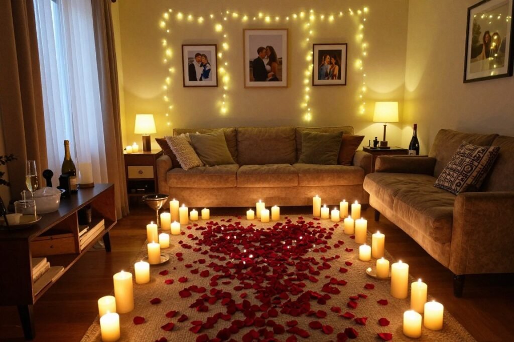 romantic home proposal aesthetic with candles and rose petals