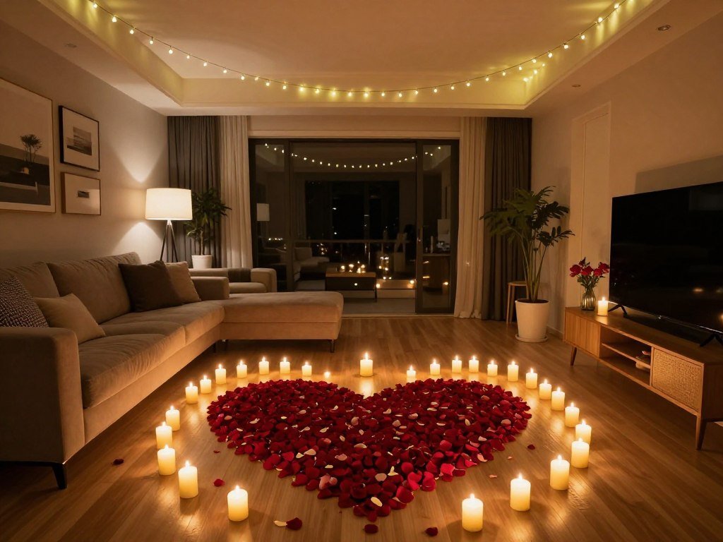 romantic home proposal setup with candles and rose petals