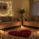 romantic home proposal setup with candles and rose petals