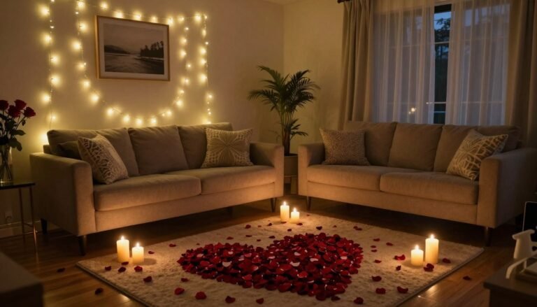 romantic home proposal setup with candles and rose petals