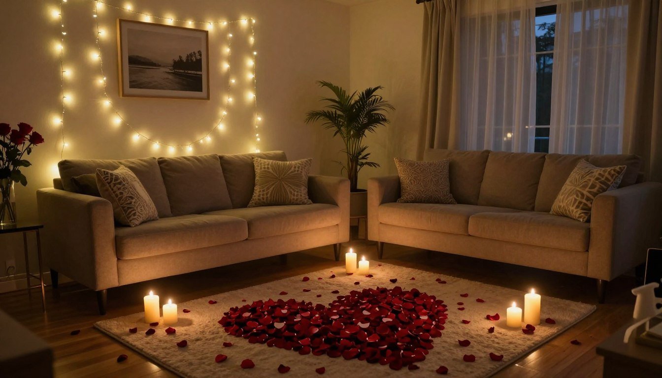 romantic home proposal setup with candles and rose petals