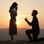 romantic marriage proposal moment with couple at sunset