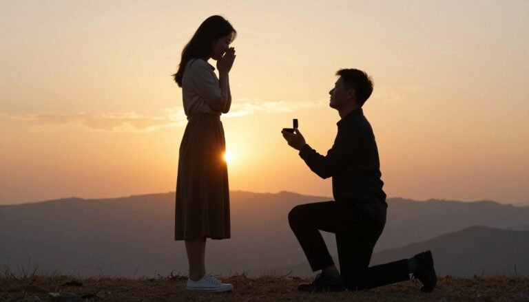 romantic marriage proposal moment with couple at sunset