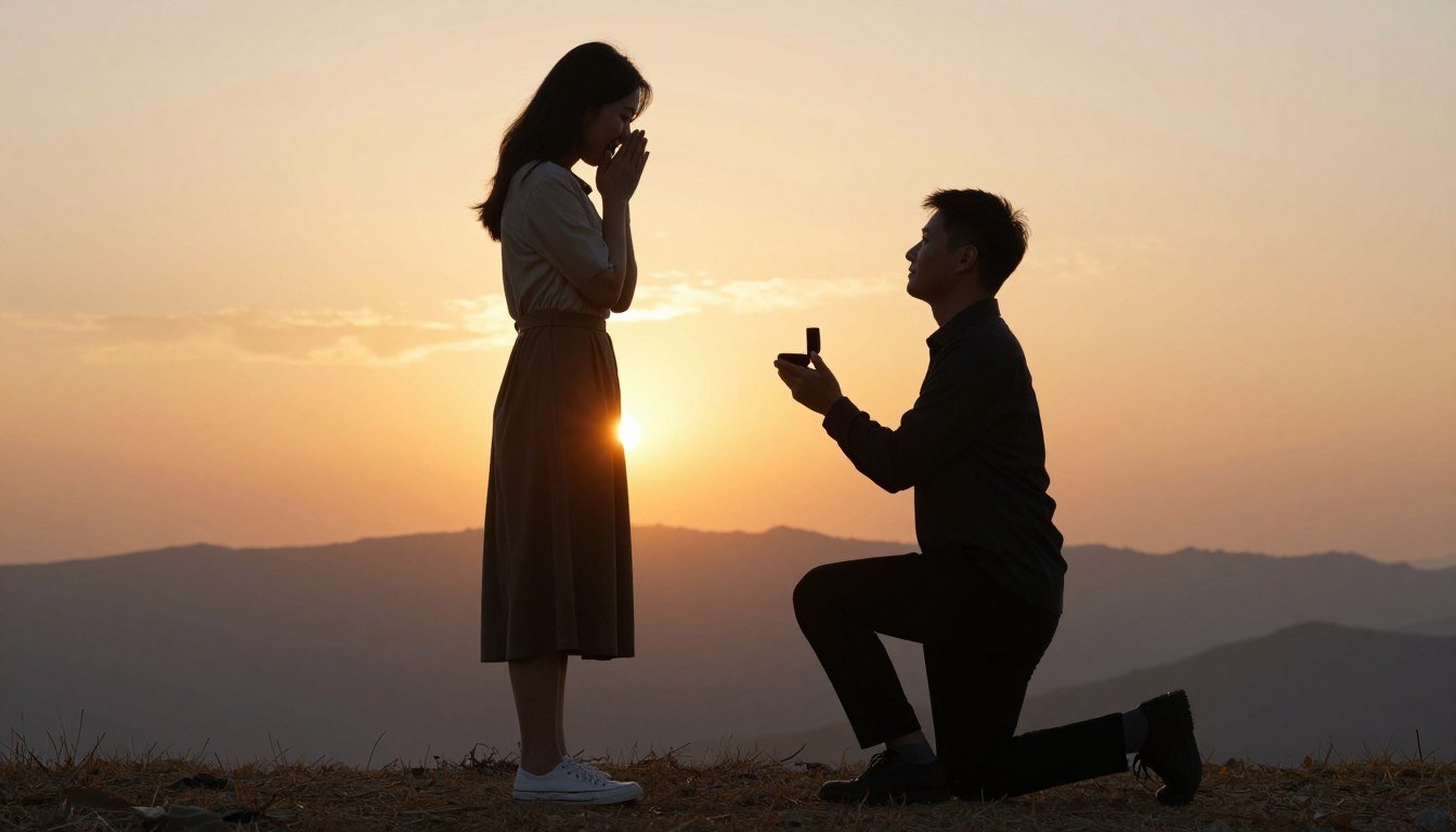 romantic marriage proposal moment with couple at sunset
