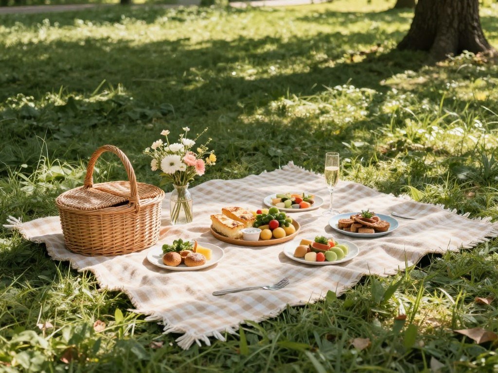 romantic park picnic proposal setup with food and flowers