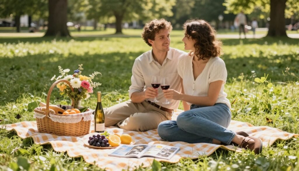 romantic picnic setup with couple on blanket in park