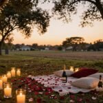 romantic proposal aesthetic setup with candles and flowers at sunset