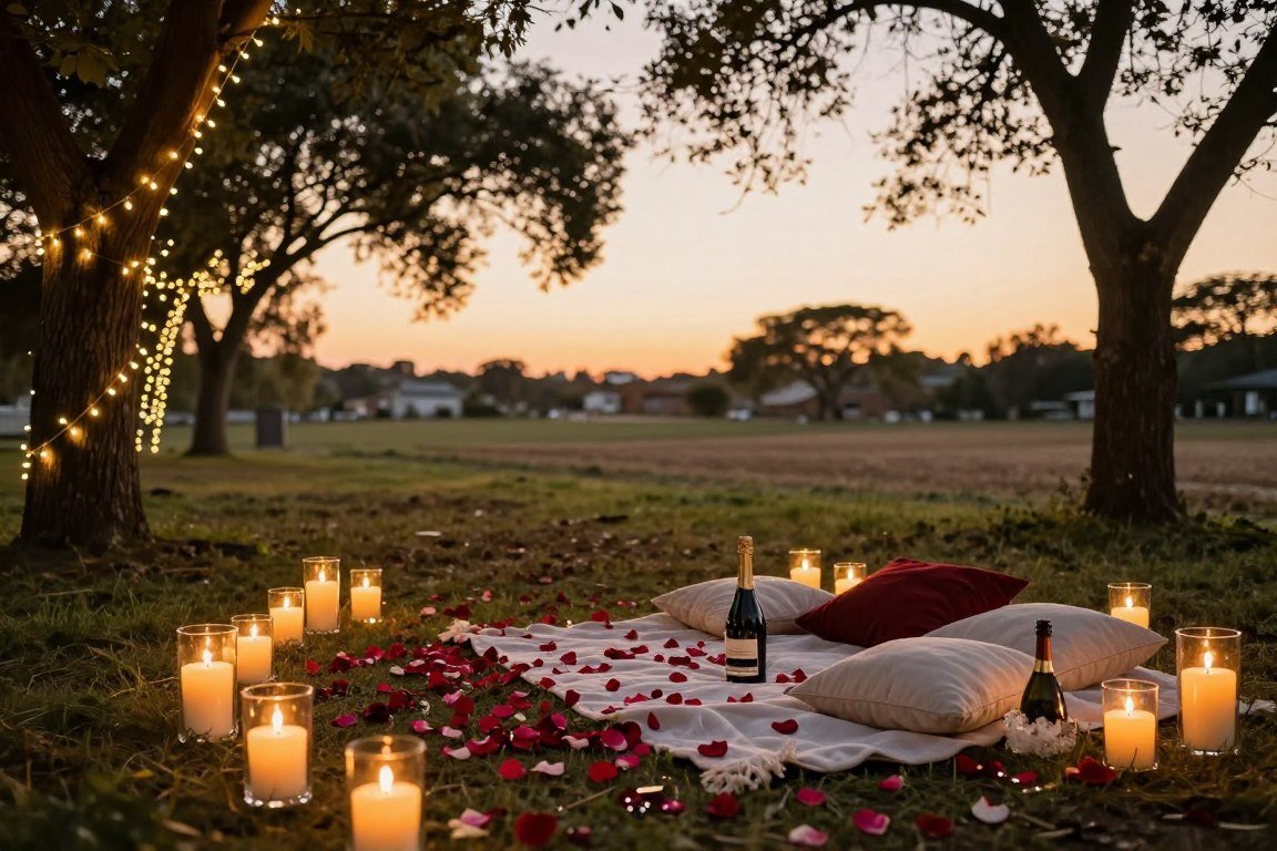 romantic proposal aesthetic setup with candles and flowers at sunset