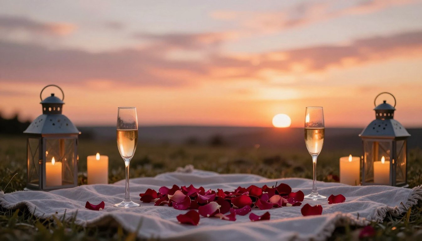 romantic proposal ideas setup with flowers and candles at sunset