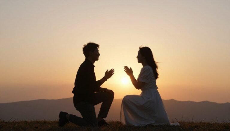 romantic proposal photos at sunset with couple silhouette