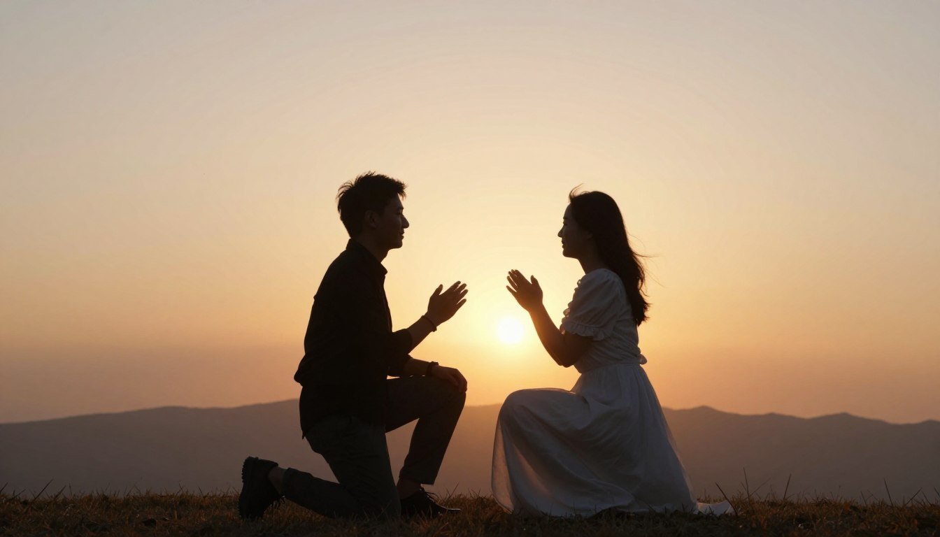 romantic proposal photos at sunset with couple silhouette