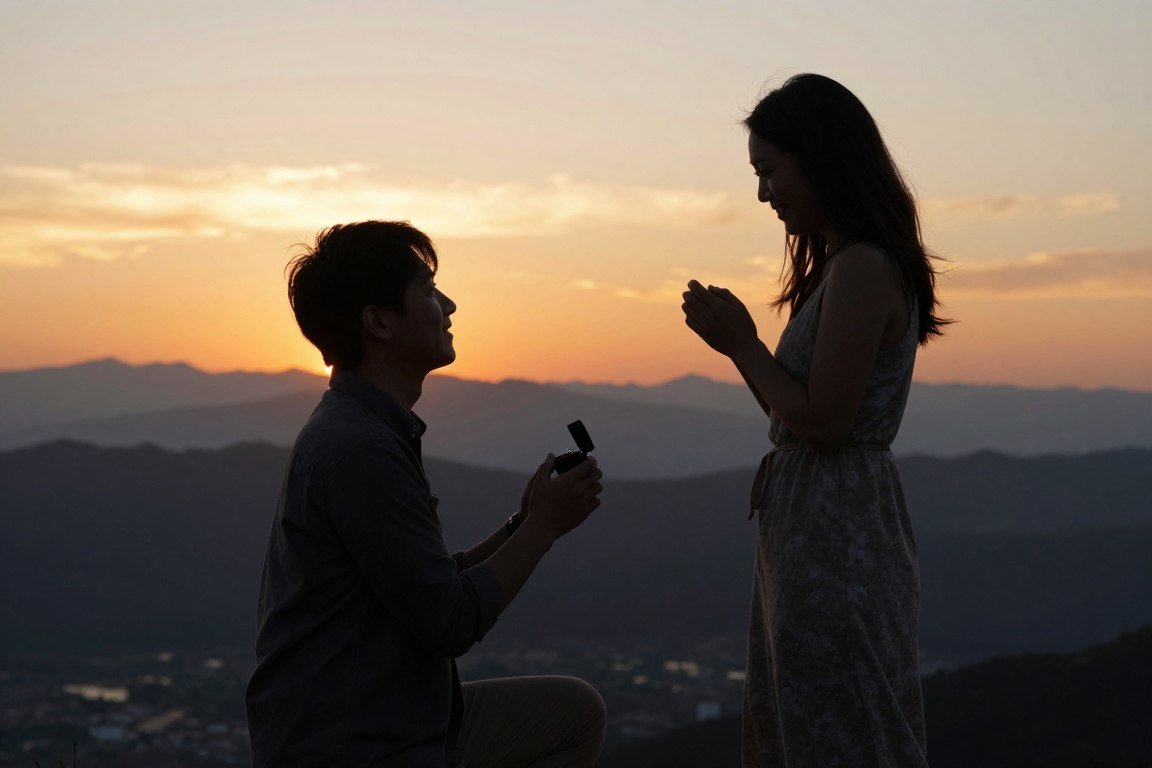 romantic proposal pictures at sunset overlooking scenic landscape