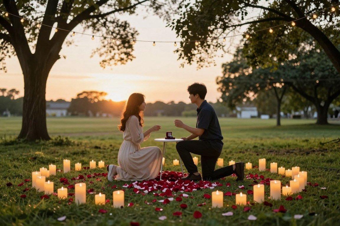 romantic proposal set up ideas with candles and flowers at sunset