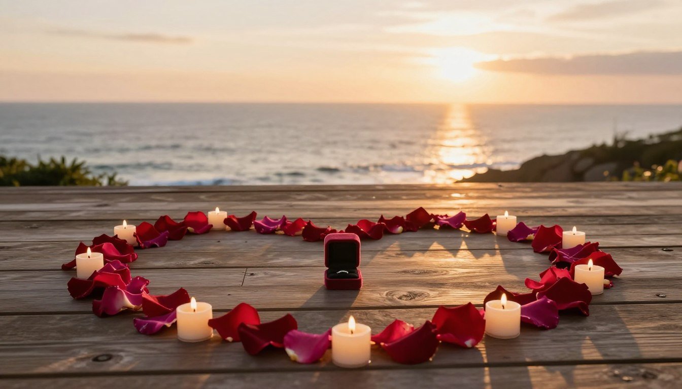 romantic proposal setup with candles and flowers at sunset