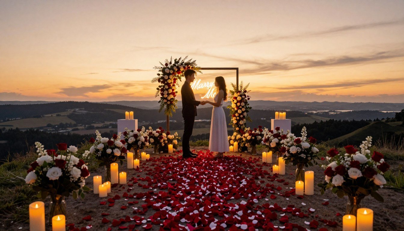 romantic proposal setup with candles and flowers at sunset