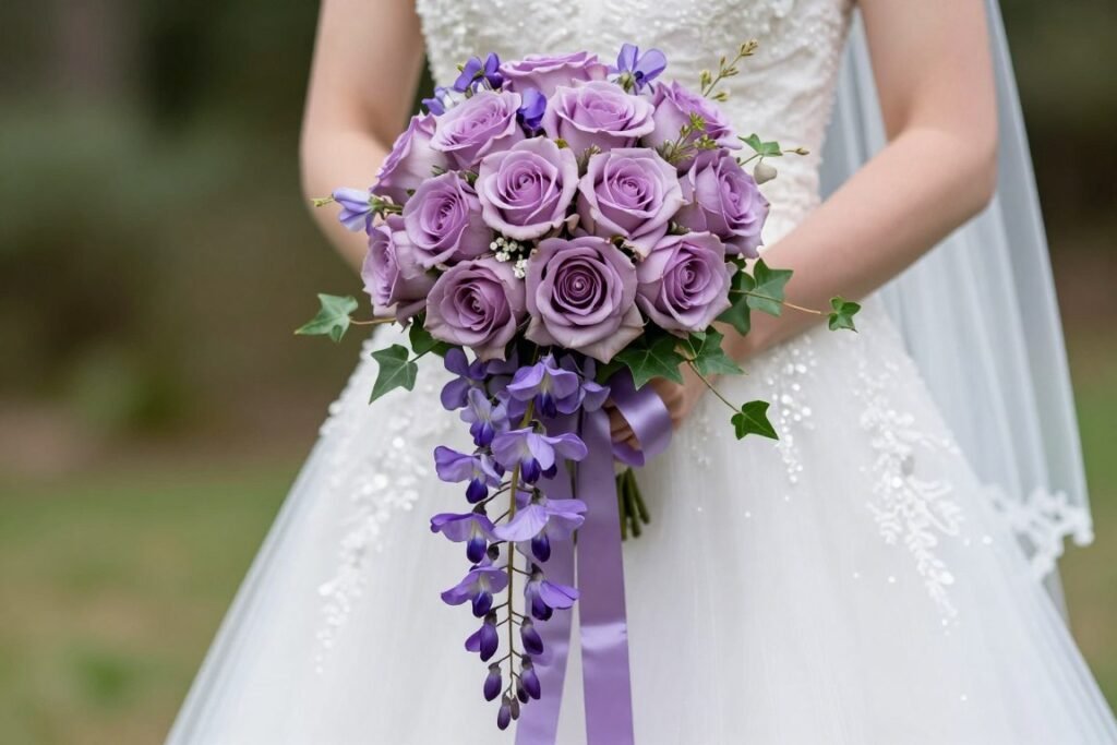 romantic purple bridal bouquet with cascading design