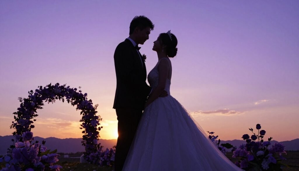 romantic purple wedding sunset photo of couple