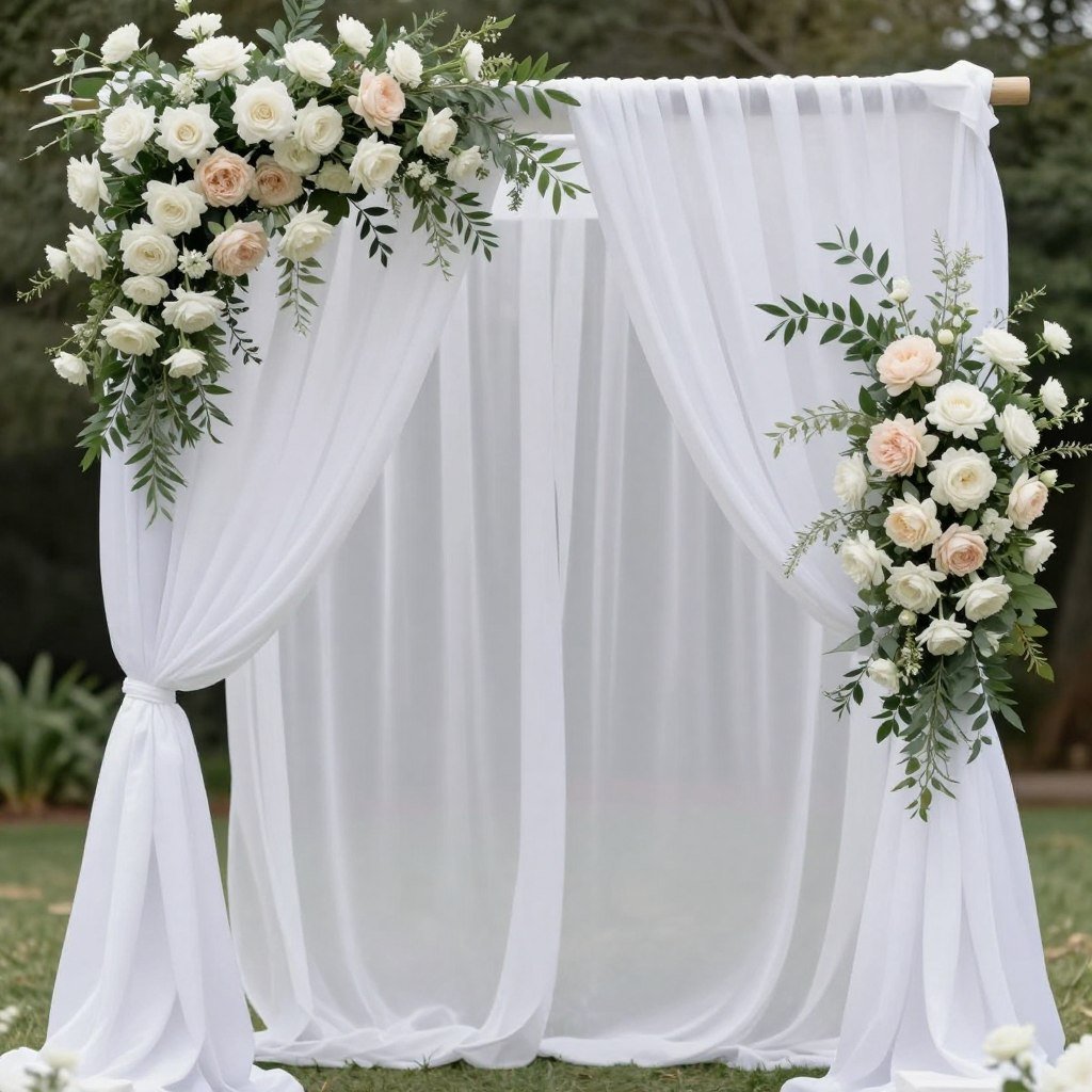 romantic wedding ceremony arch decorated with flowing fabric and flowers