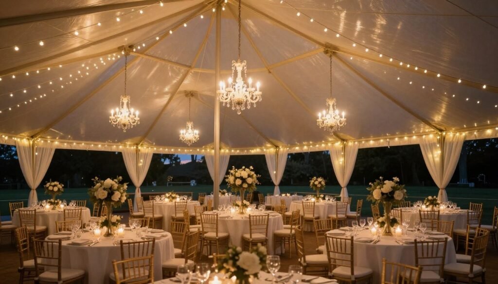 romantic wedding reception with string lights and chandeliers