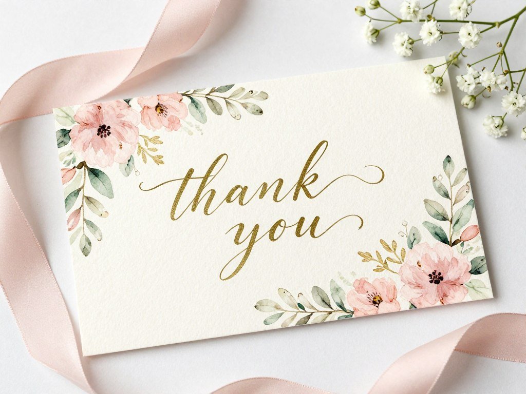 romantic wedding thank you card with watercolor floral border and elegant script on textured cream paper