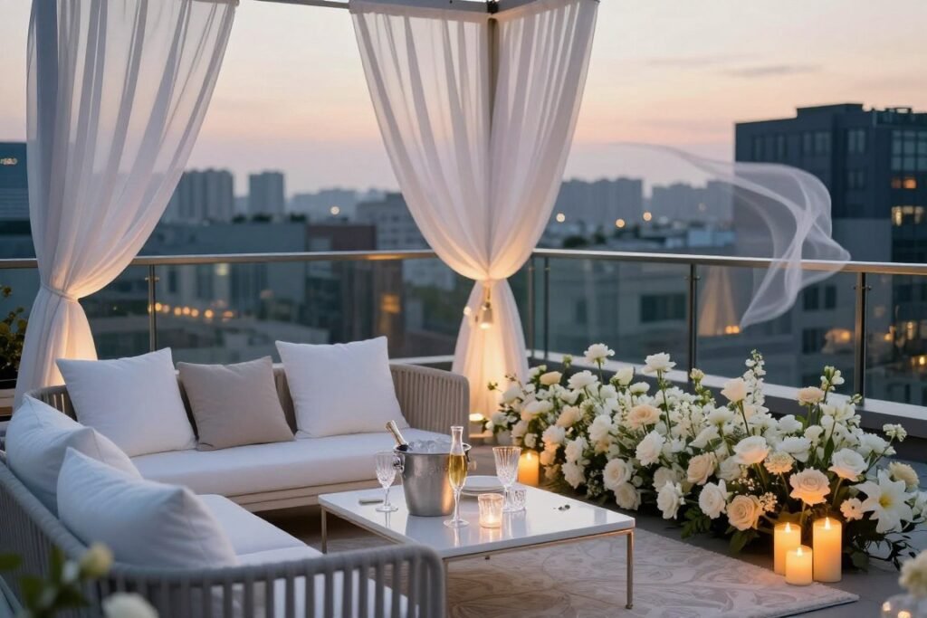 rooftop proposal setup with elegant decor and champagne