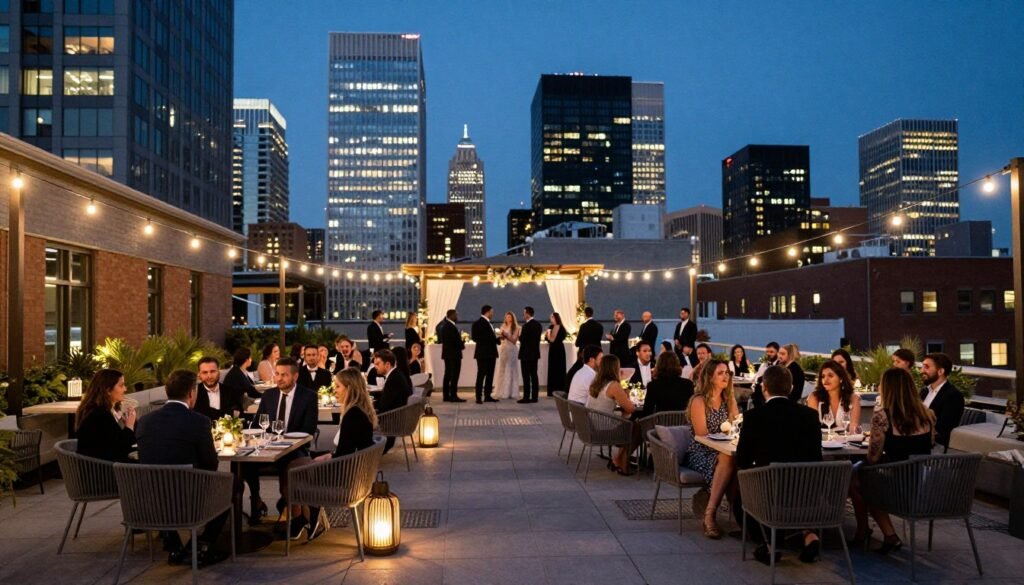 rooftop terrace micro wedding reception with city skyline at night