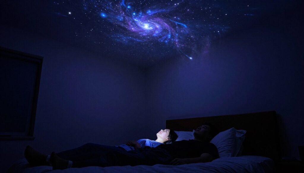 room with star projector creating night sky on ceiling