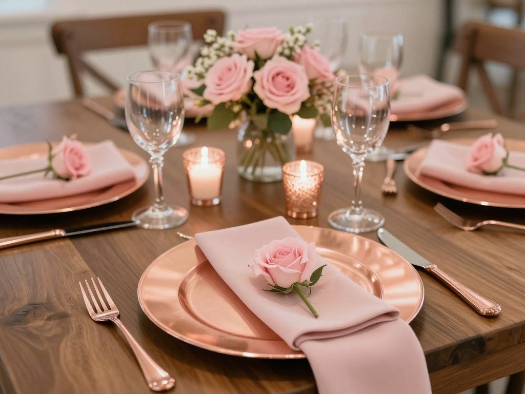 rose gold wedding table decor with pink flowers
