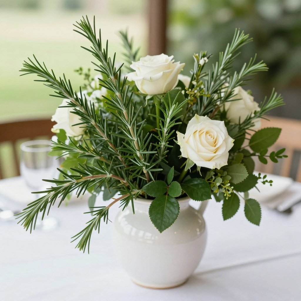 rosemary herb sprigs used in wedding table centerpiece